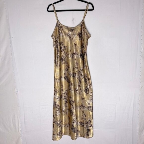 Vintage Premiere Collection Gold Brown Animal Print Satin Maxi Sleep Dress L - Picture 1 of 13